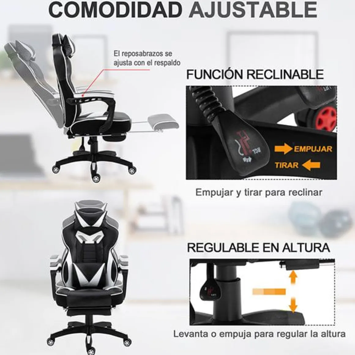 Silla gaming regulable con reposapiés