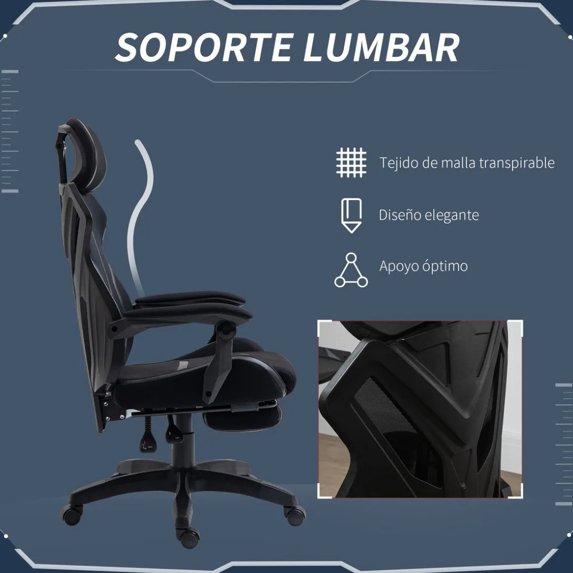 Silla gaming Universe Vinsetto reclinable + reposapiés retráctil negro 119-129x65x65 cm