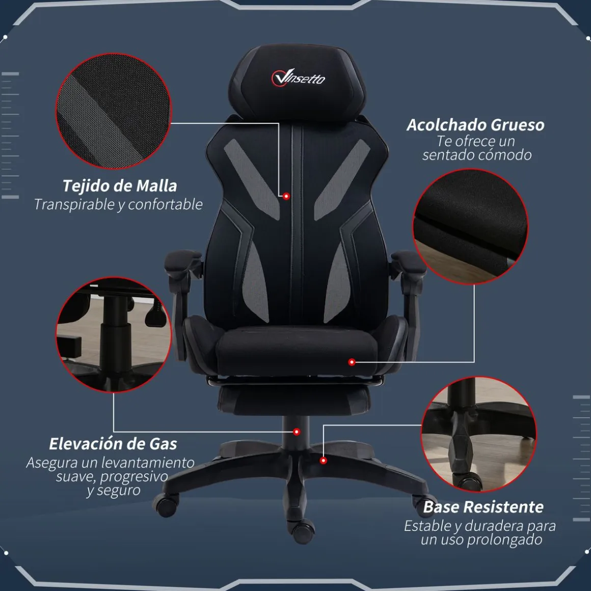 Silla gaming Universe Vinsetto reclinable + reposapiés retráctil negro 119-129x65x65 cm