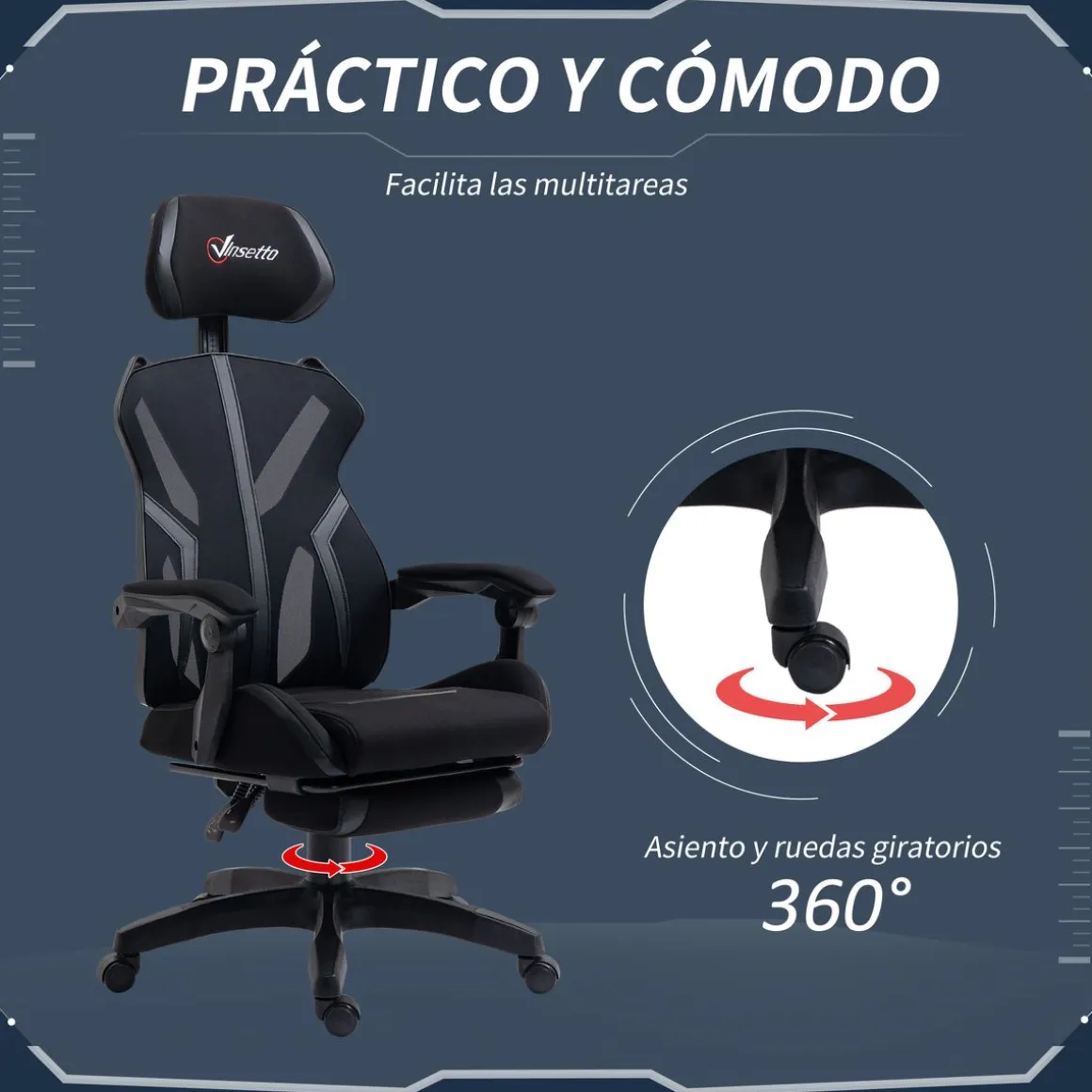 Silla gaming Universe Vinsetto reclinable + reposapiés retráctil negro 119-129x65x65 cm