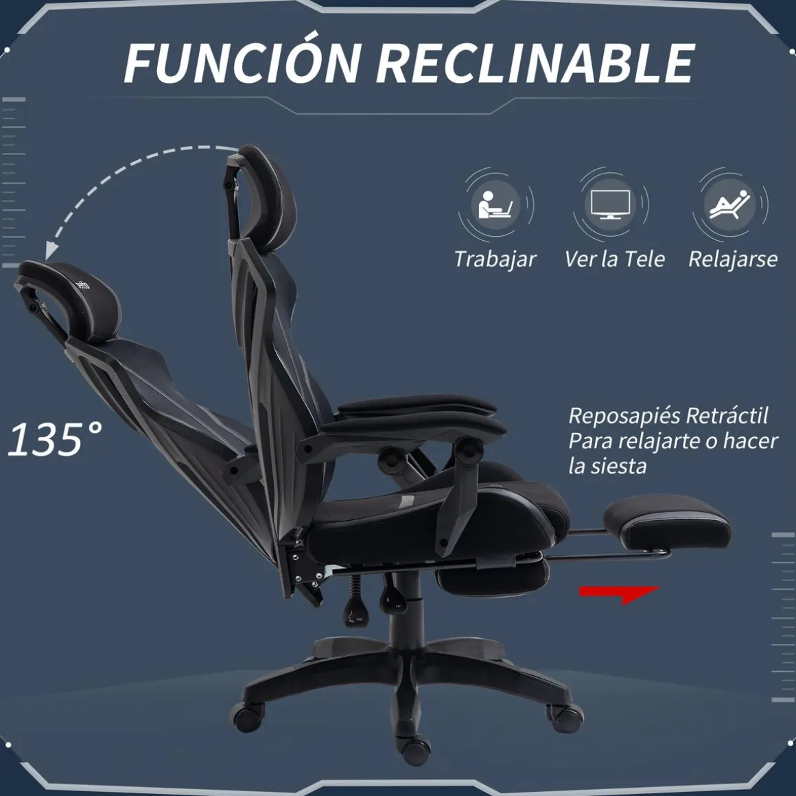 Silla gaming Universe Vinsetto reclinable + reposapiés retráctil negro 119-129x65x65 cm