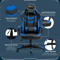 Silla gaming Vinsetto altura regulable reposacabezas cojín lumbar azul/negro 121/129x61x70 cm