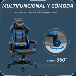 Silla gaming Vinsetto altura regulable reposacabezas cojín lumbar azul/negro 121/129x61x70 cm