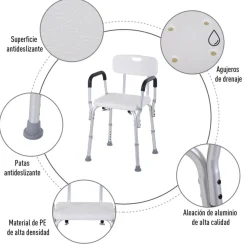 Silla para ducha Homcom regulable con respaldo+reposabrazos blanco 71-84x51,5x43,5 cm