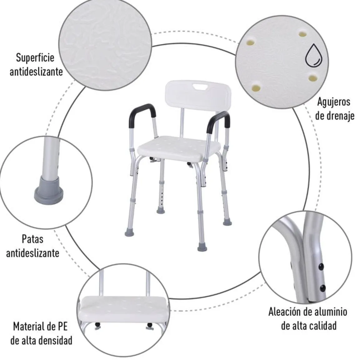 Silla para ducha Homcom regulable con respaldo+reposabrazos blanco 71-84x51,5x43,5 cm