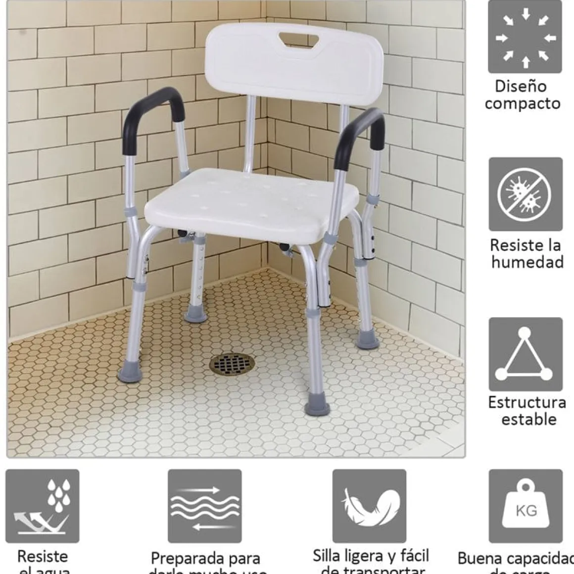 Silla para ducha Homcom regulable con respaldo+reposabrazos blanco 71-84x51,5x43,5 cm