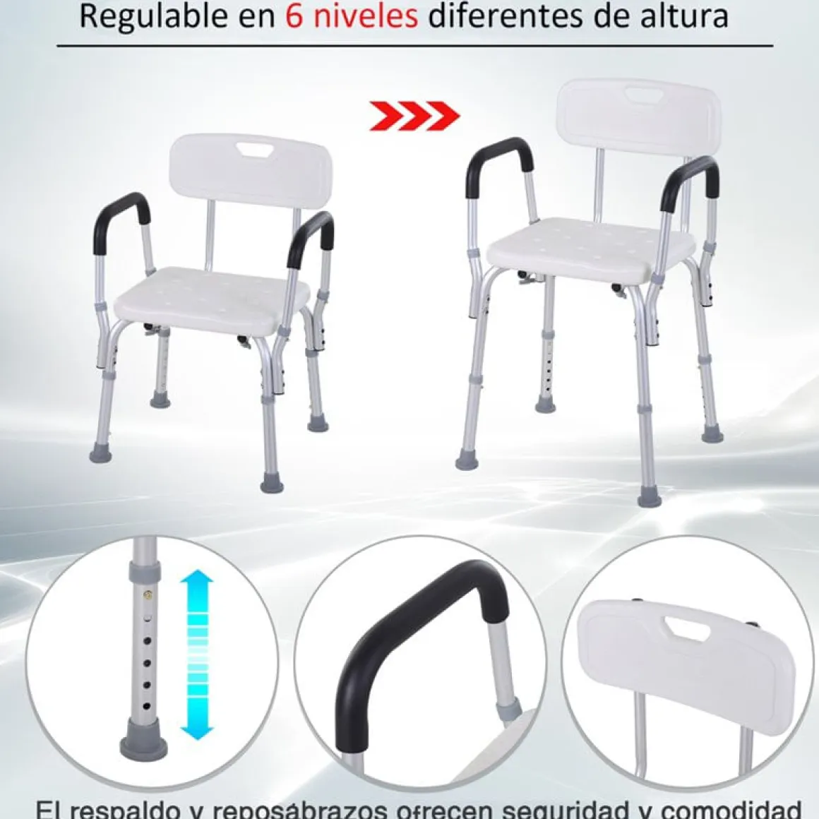 Silla para ducha Homcom regulable con respaldo+reposabrazos blanco 71-84x51,5x43,5 cm