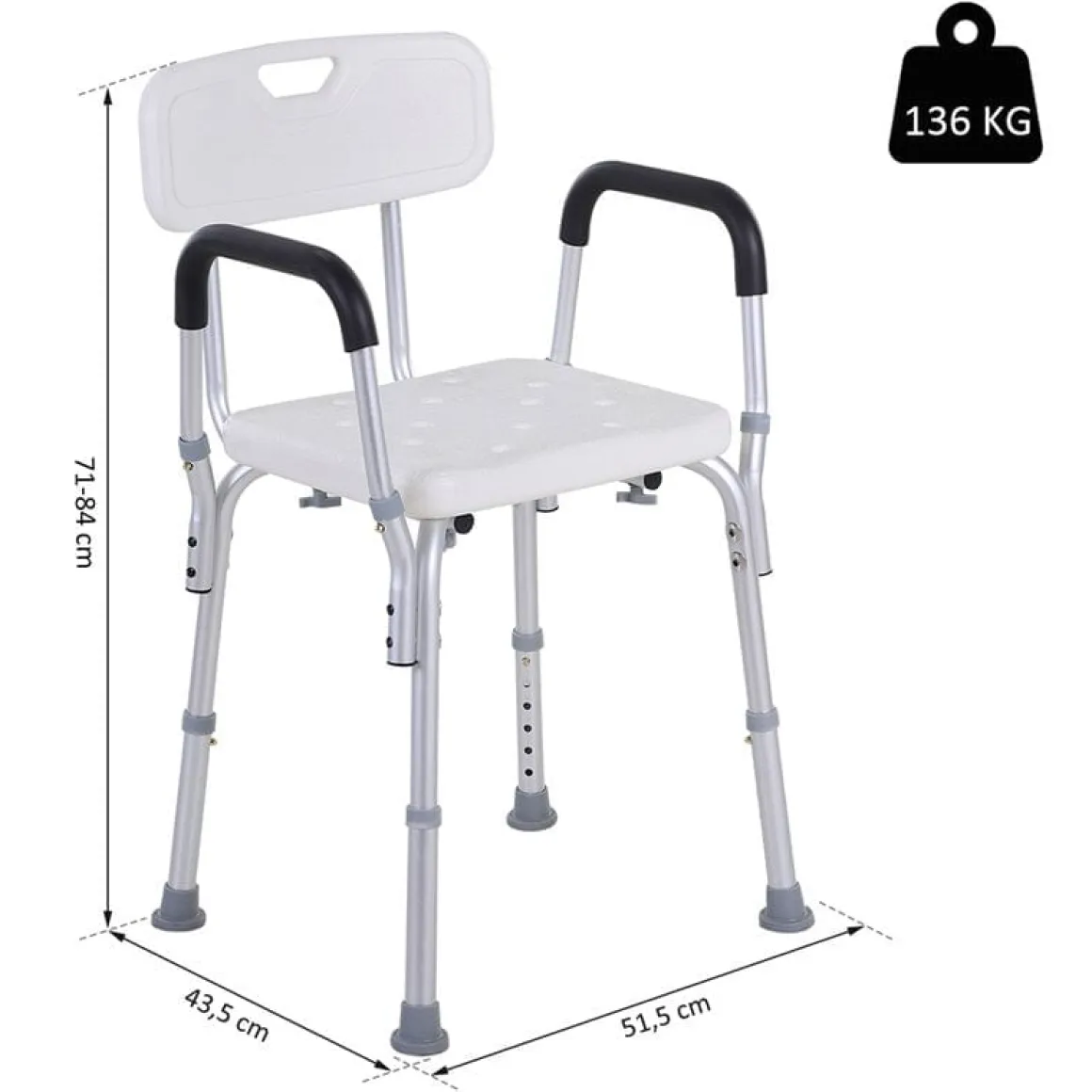 Silla para ducha Homcom regulable con respaldo+reposabrazos blanco 71-84x51,5x43,5 cm