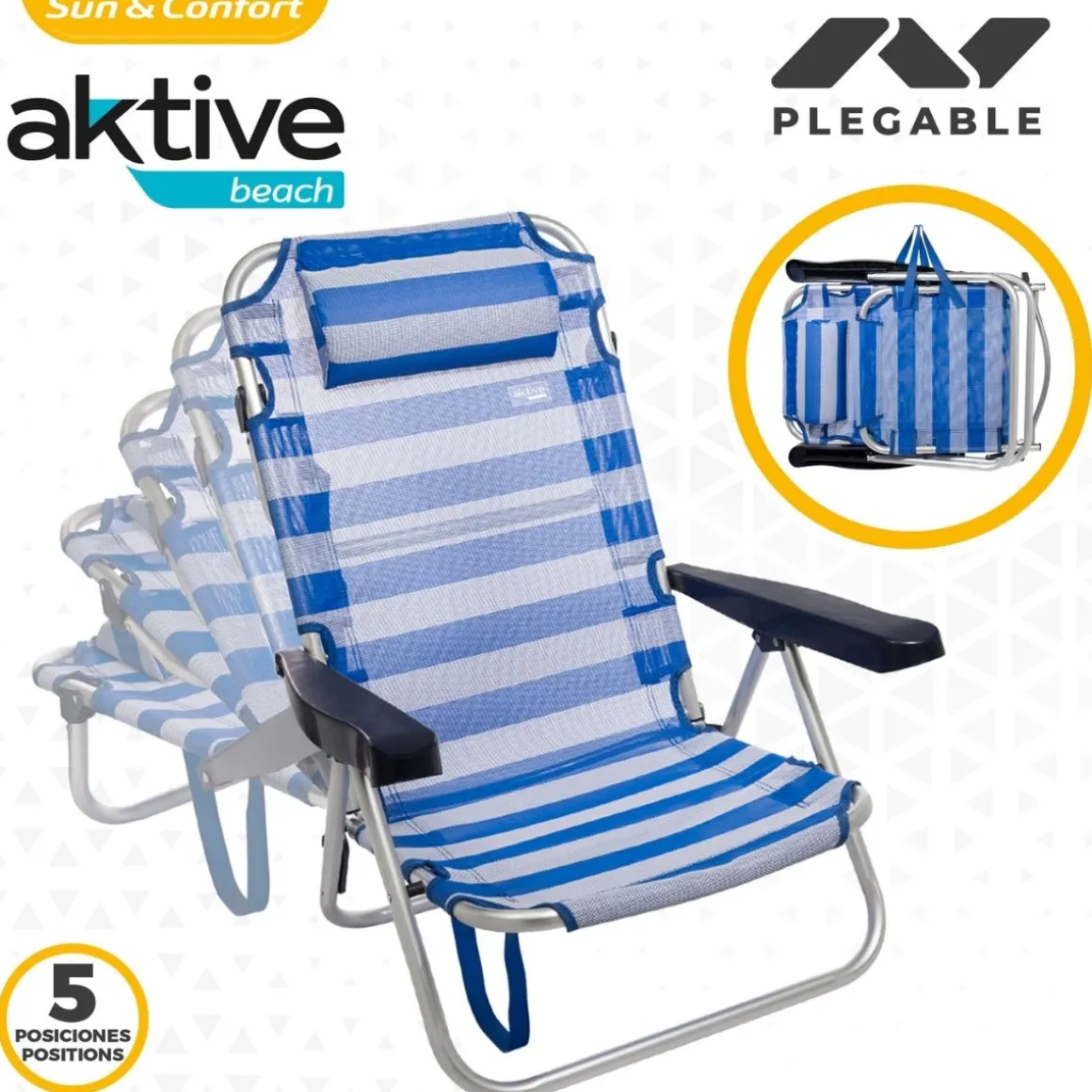 Silla plegable Aktive multiposición + cojín azul 84x54x46 cm