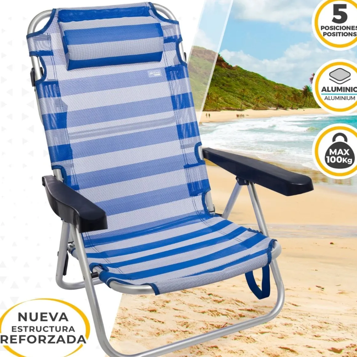 Silla plegable Aktive multiposición + cojín azul 84x54x46 cm