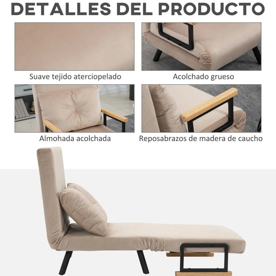 Sillón cama Prince Homcom ajustable 5 niveles beige 81x63x73 cm
