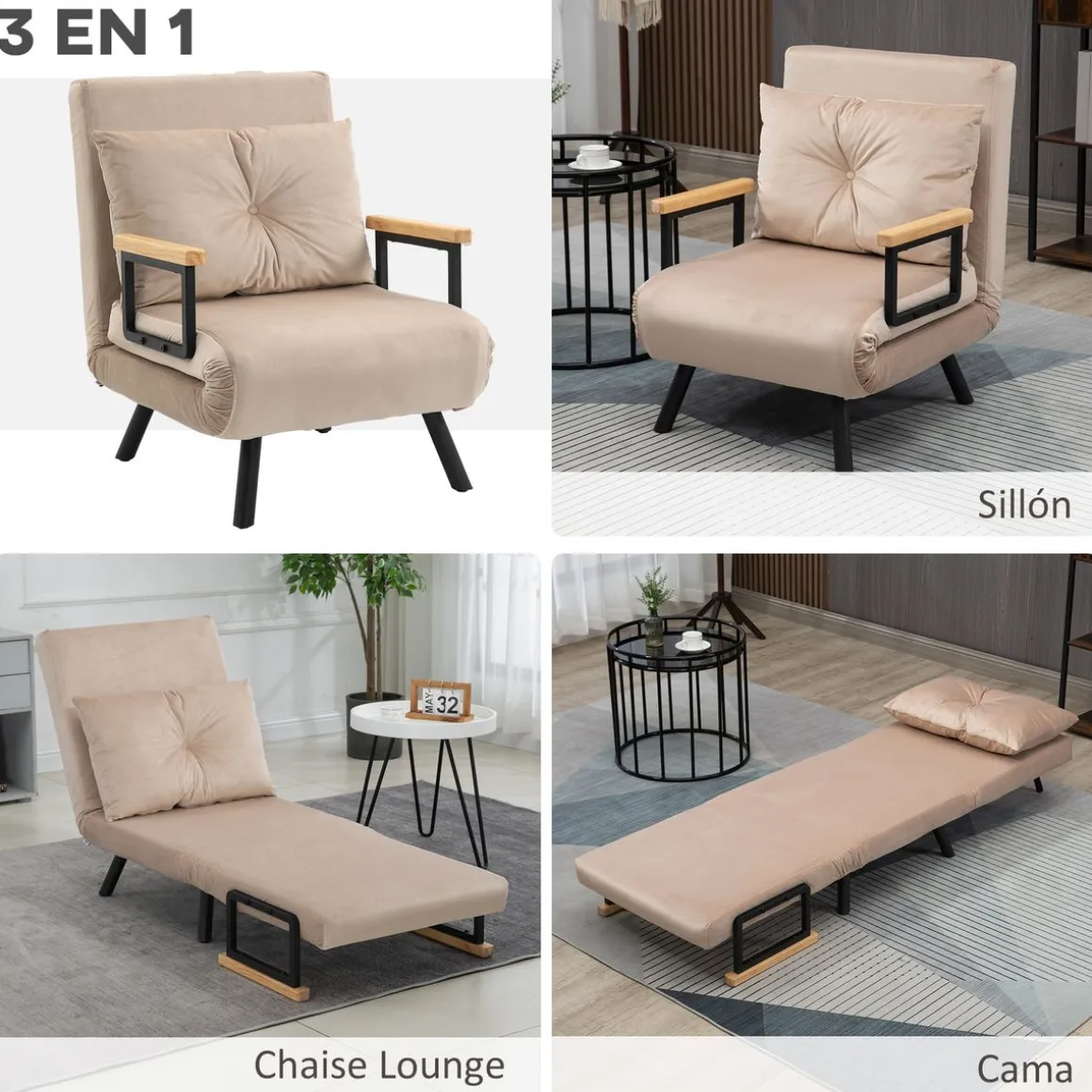 Sillón cama Prince Homcom ajustable 5 niveles beige 81x63x73 cm