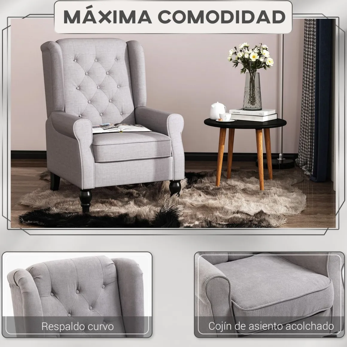 Sillón Flux Homcon acolchado fundas extraíbles gris 102x86x74cm