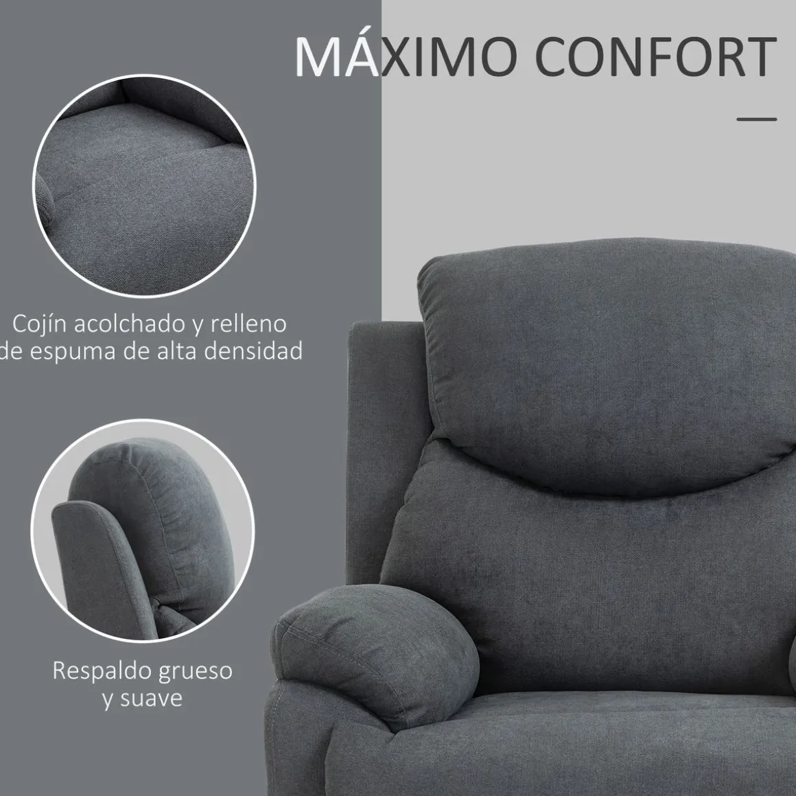 Sillón Olite Homcom reclinable extra acolchado gris 105,5x97x96 cm