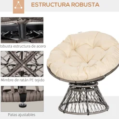 Sillón papasan Outsunny giratorio con cojín gris/crema 90x87x97 cm