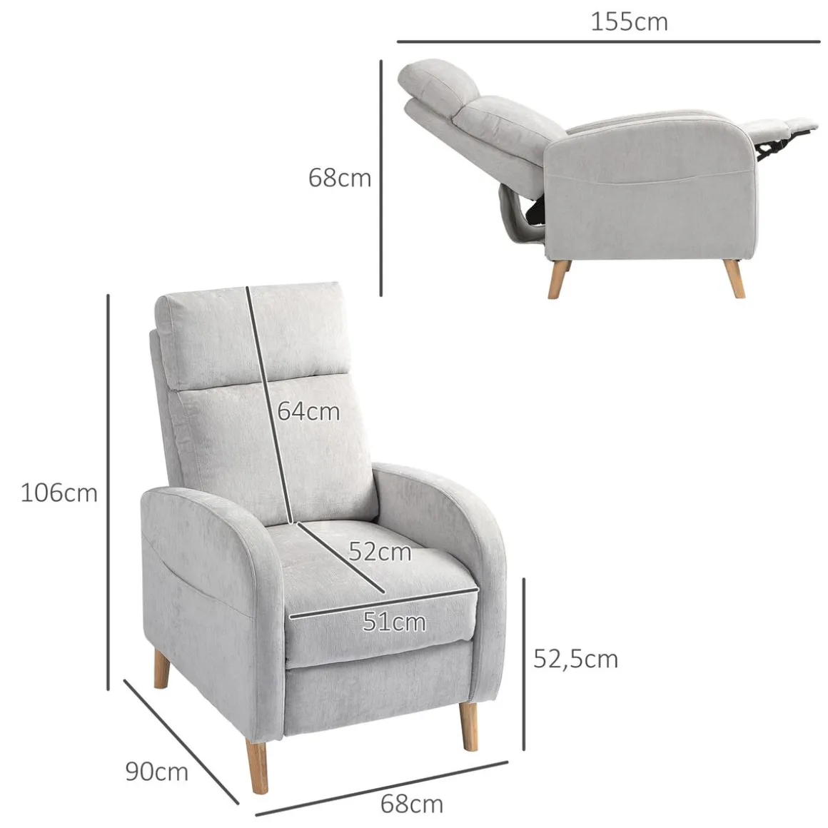 Sillón relax Leo Homcom reclinación manual + reposapiés retráctil gris 106x68x90 cm