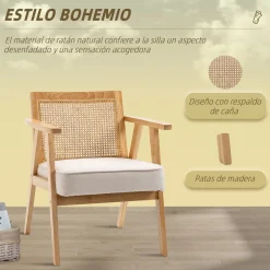 Sillón Topacio Homcom respaldo ratán natural/beige 78x63x69 cm