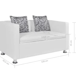 Sofá 2 plazas cuero con 2 cojines blanco 63x120x62,5 cm