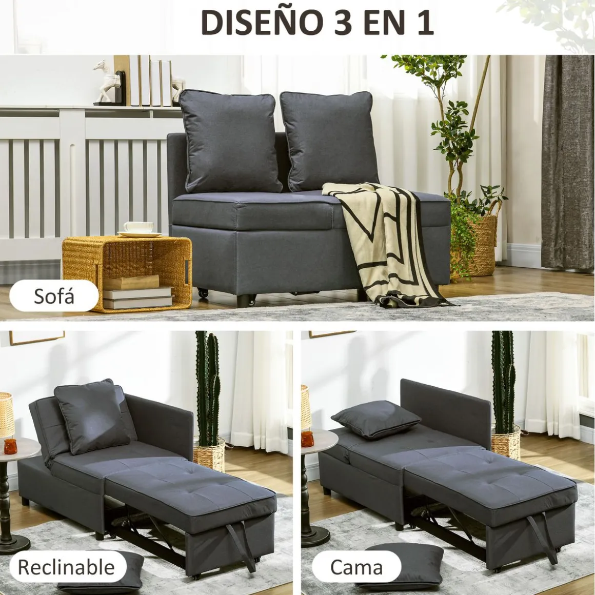 Sofá cama Azuro Homcom 2 plazas reclinable 82x98x71 cm