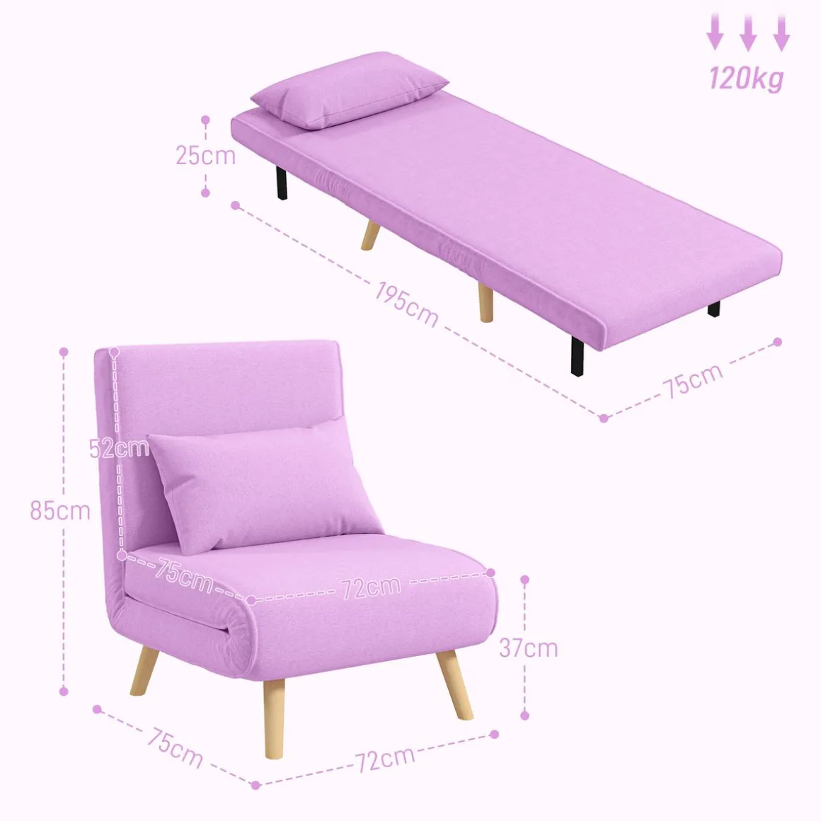 Sofá cama Brave Homcom respaldo ajustable 5 posiciones rosa 85x72x75 cm