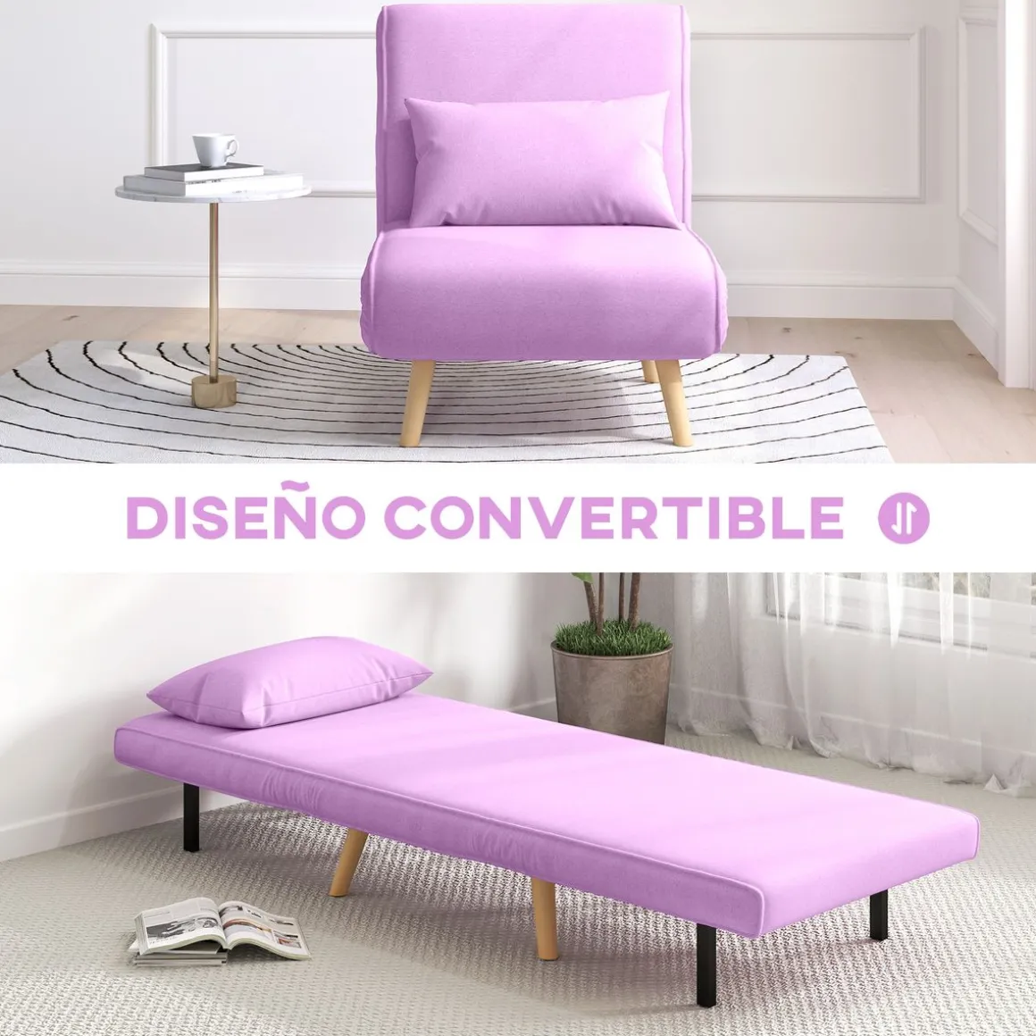 Sofá cama Brave Homcom respaldo ajustable 5 posiciones rosa 85x72x75 cm