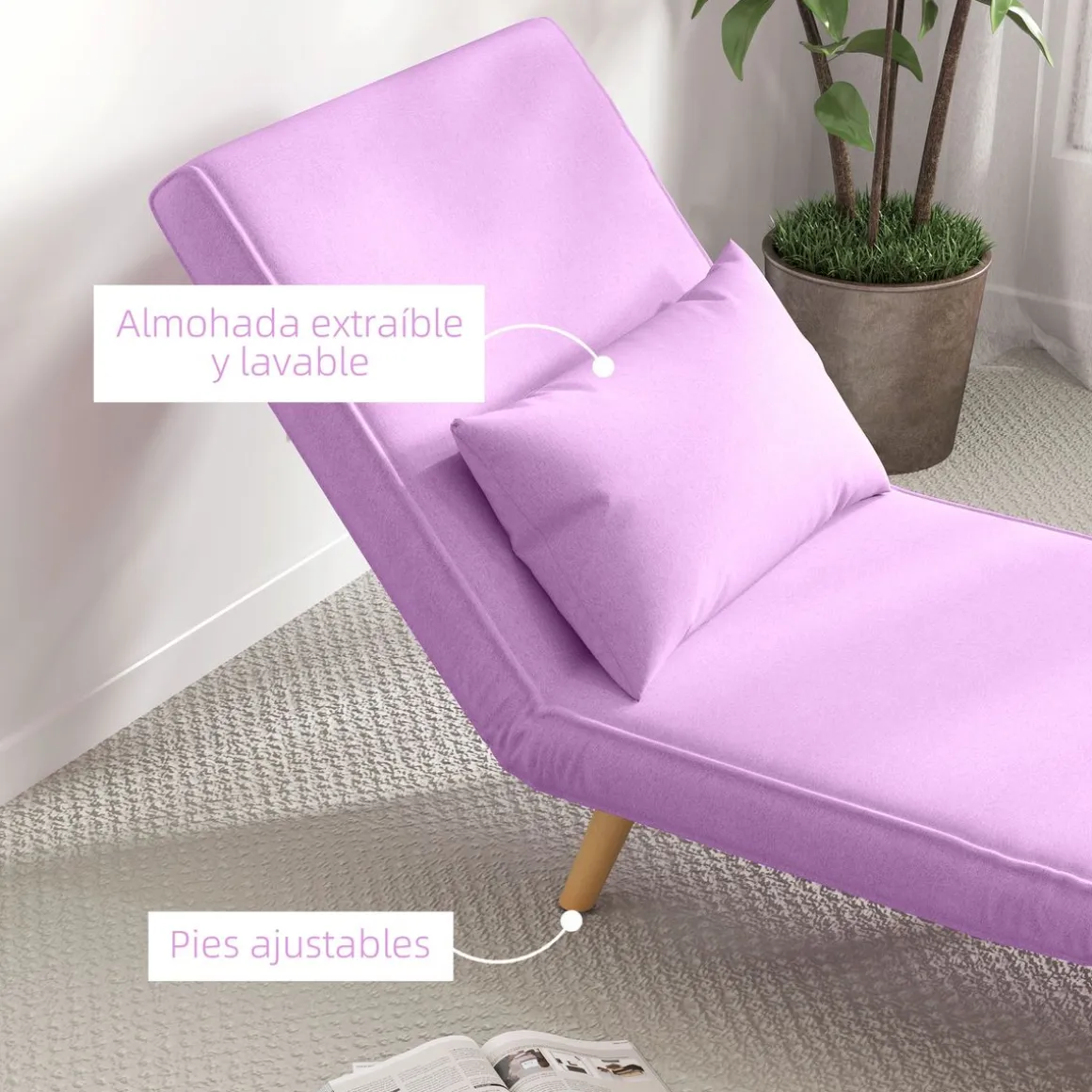Sofá cama Brave Homcom respaldo ajustable 5 posiciones rosa 85x72x75 cm