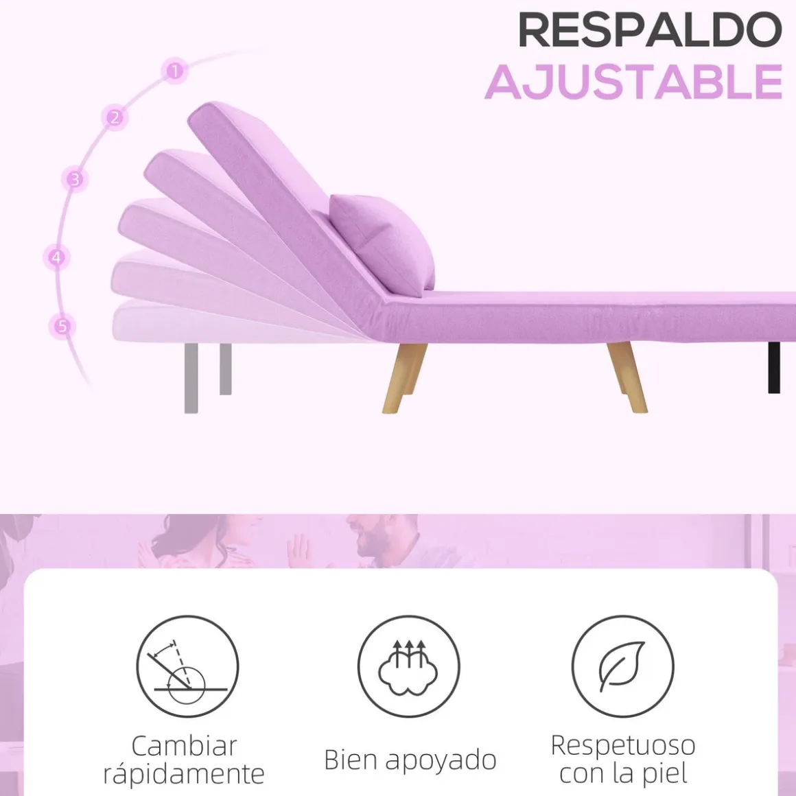 Sofá cama Brave Homcom respaldo ajustable 5 posiciones rosa 85x72x75 cm