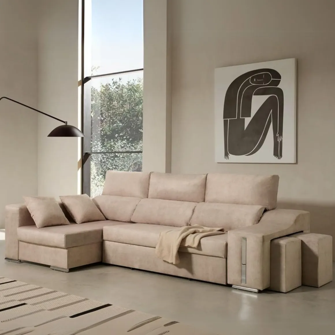 Sofá cama chaiselongue Giuliana Velare 3 plazas + 2 pufs 105x264x145 cm