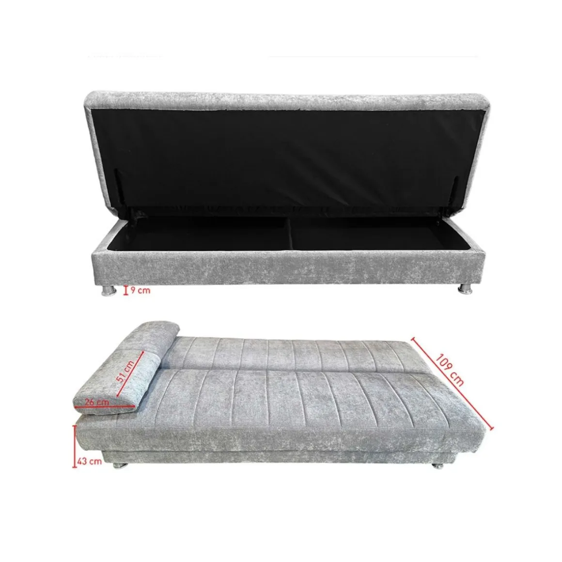 Sofá cama clic-clac Kenzo con arcón para almacenaje gris 85x190x89 cm