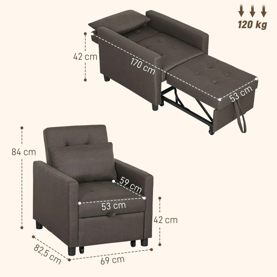 Sofá cama Einar Homcom 1 plaza 3 posiciones marrón oscuro 84x69x82,5 cm