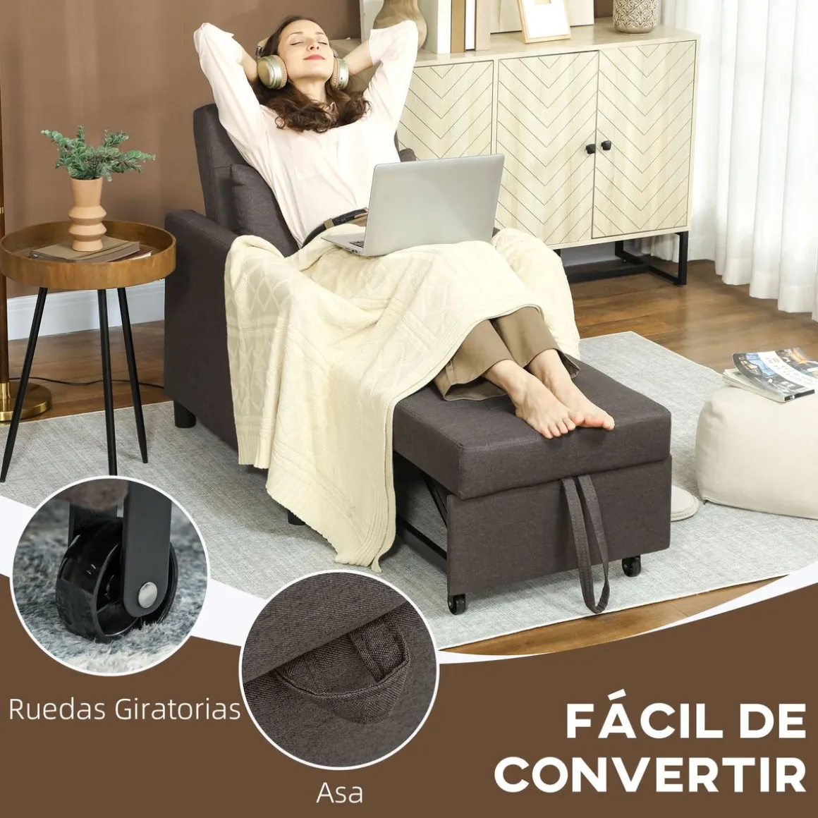 Sofá cama Einar Homcom 1 plaza 3 posiciones marrón oscuro 84x69x82,5 cm