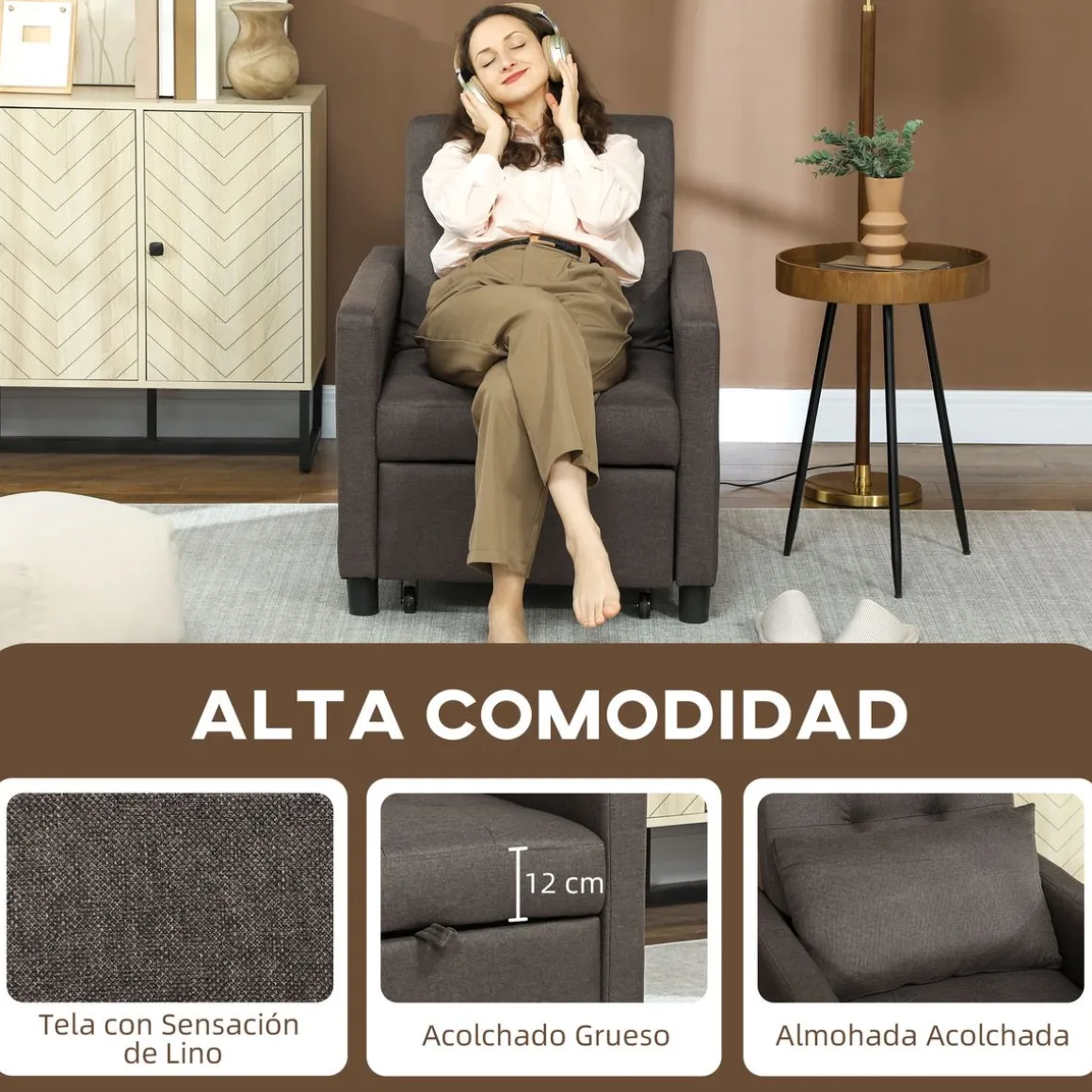 Sofá cama Einar Homcom 1 plaza 3 posiciones marrón oscuro 84x69x82,5 cm