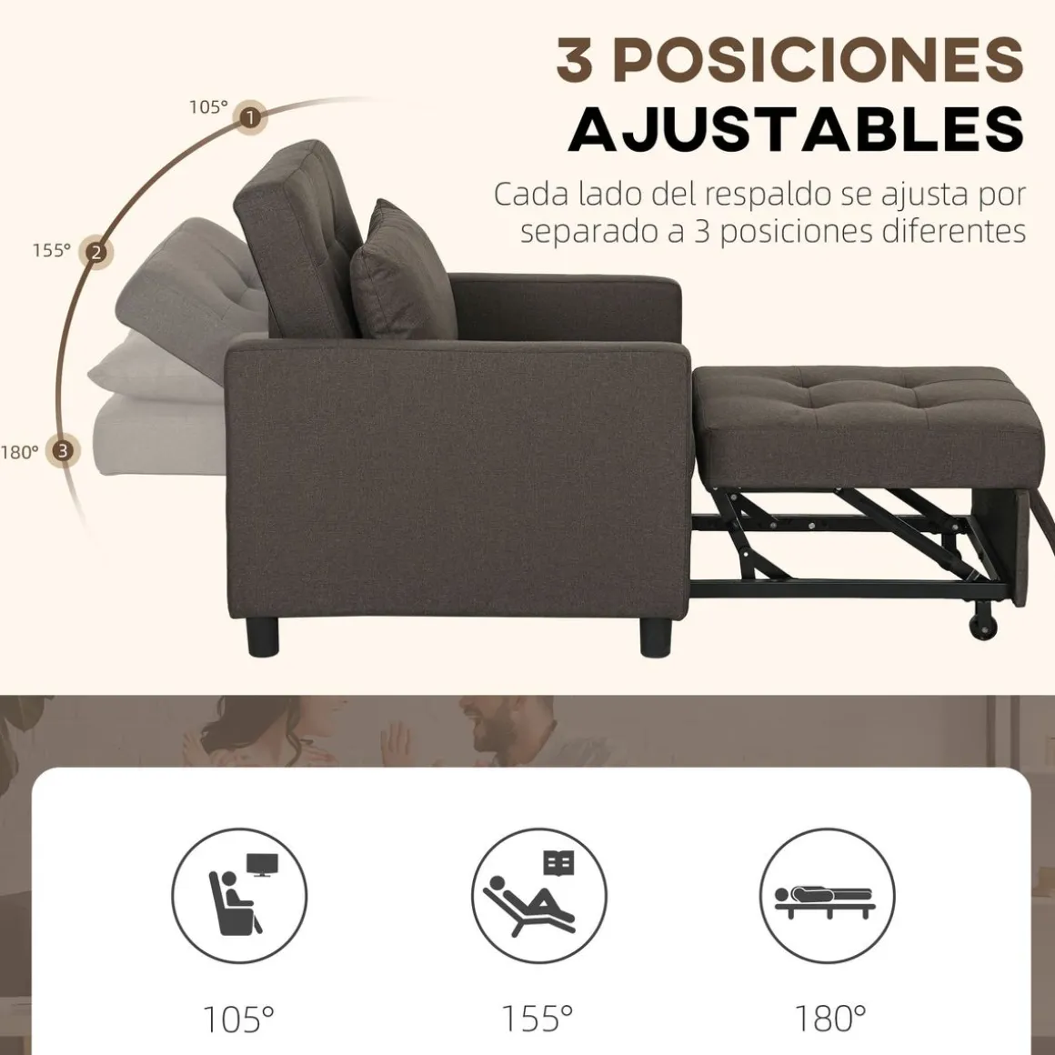 Sofá cama Einar Homcom 1 plaza 3 posiciones marrón oscuro 84x69x82,5 cm