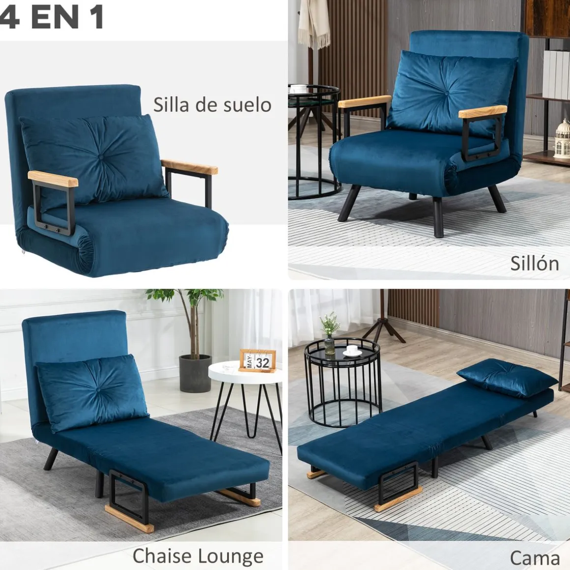 Sofá cama Júpiter Homcom individual diseño 4 en 1 azul 81x63x73 cm