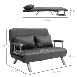 Sofá cama Lino Homcom 2 plazas respaldo ajustable gris 78x111x80 cm