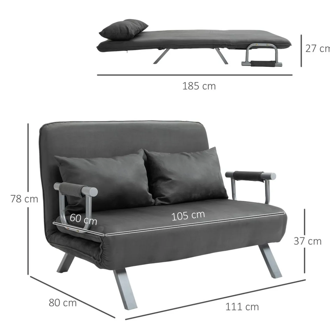 Sofá cama Lino Homcom 2 plazas respaldo ajustable gris 78x111x80 cm