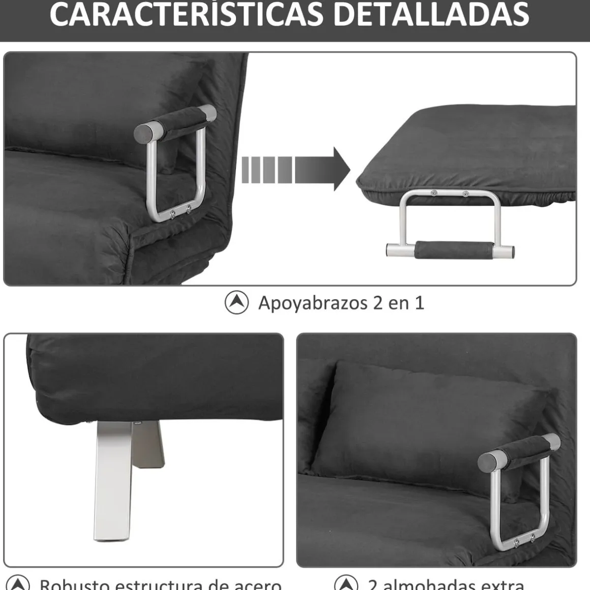 Sofá cama Lino Homcom 2 plazas respaldo ajustable gris 78x111x80 cm