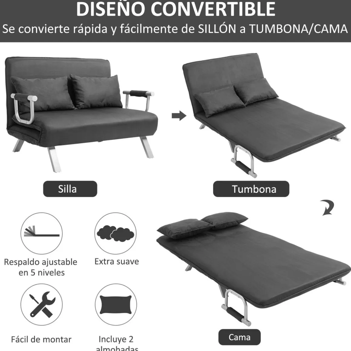 Sofá cama Lino Homcom 2 plazas respaldo ajustable gris 78x111x80 cm