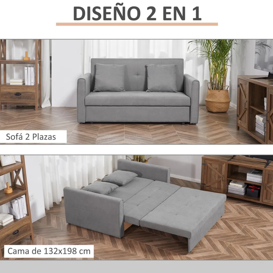 Sofá cama Lyla Homcom 2 plazas reposabrazos gris 81x152x101 cm
