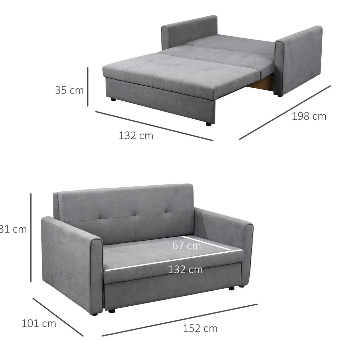 Sofá cama Lyla Homcom 2 plazas reposabrazos gris 81x152x101 cm