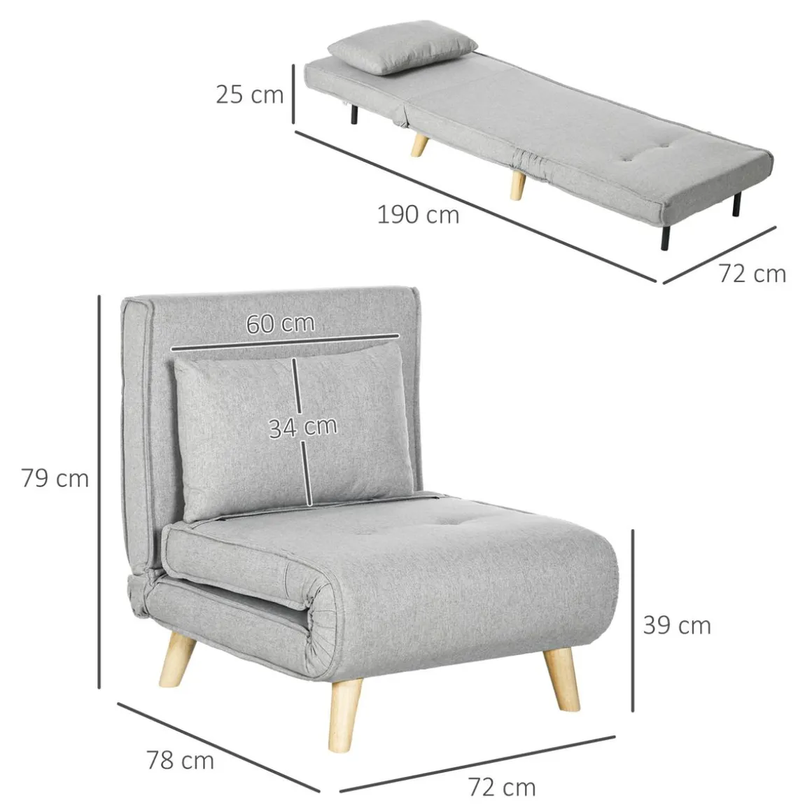 Sofá cama Martina Homcom respaldo ajustable 5 posiciones gris 79x72x78 cm