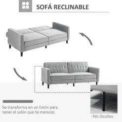 Sofá cama Paulo Homcom 3 plazas respaldo reclinable gris 78,5x189x80,5 cm