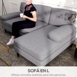 Sofá chaiselongue Kumo Homcom 3 plazas gris 88x215x142 cm