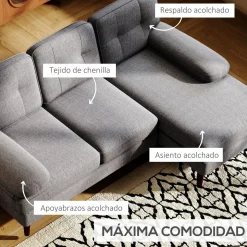 Sofá chaiselongue Kumo Homcom 3 plazas gris 88x215x142 cm
