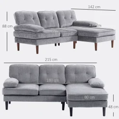 Sofá chaiselongue Kumo Homcom 3 plazas gris 88x215x142 cm