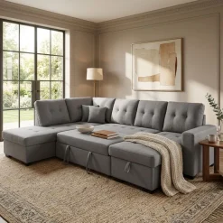 Sofá chaiselongue rinconera Aitana 4 plazas convertible en cama gris 96x298x212 cm