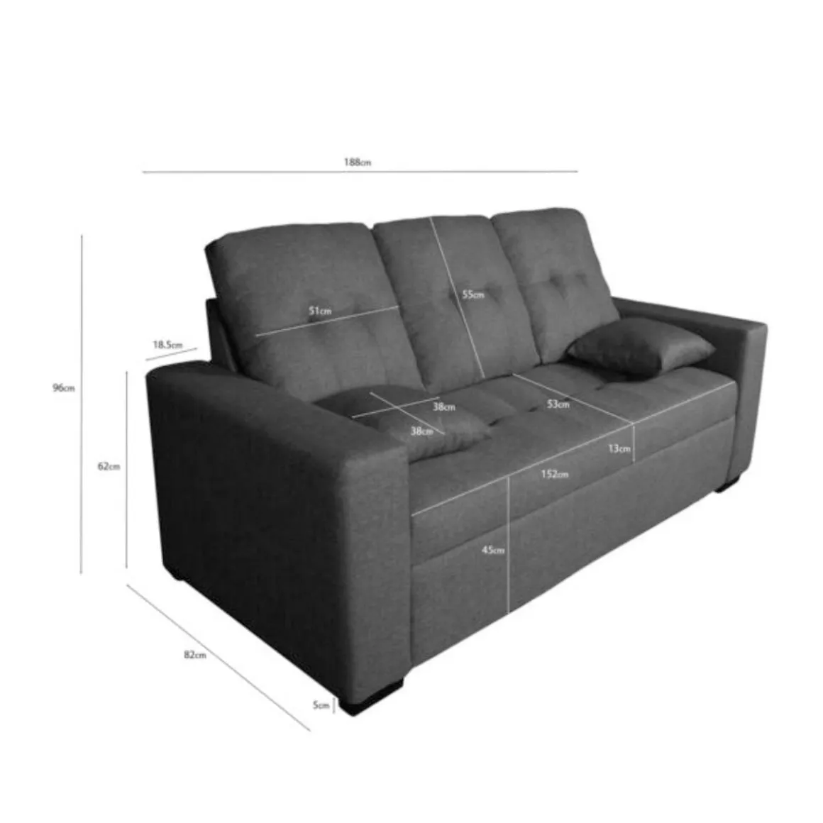 Sofá Egeo 3 plazas tapizado tela Malmo gris 96x188x82 cm