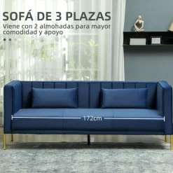 Sofá Tiramisú Homcom 3 plazas con cojines azul marino 76x194,5x76 cm