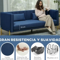 Sofá Tiramisú Homcom 3 plazas con cojines azul marino 76x194,5x76 cm