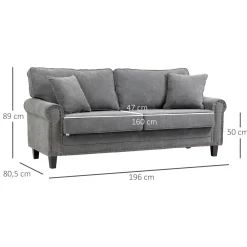 Sofá Viator Homcom 3 plazas tapizado con cojines gris 89x196x80,5 cm